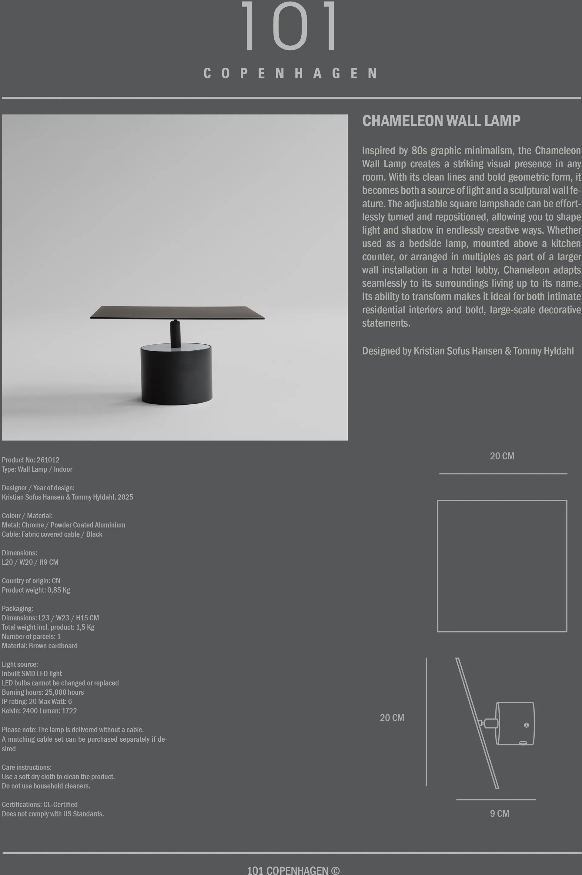 Chameleon vägglampa, Burned Black 101 Copenhagen