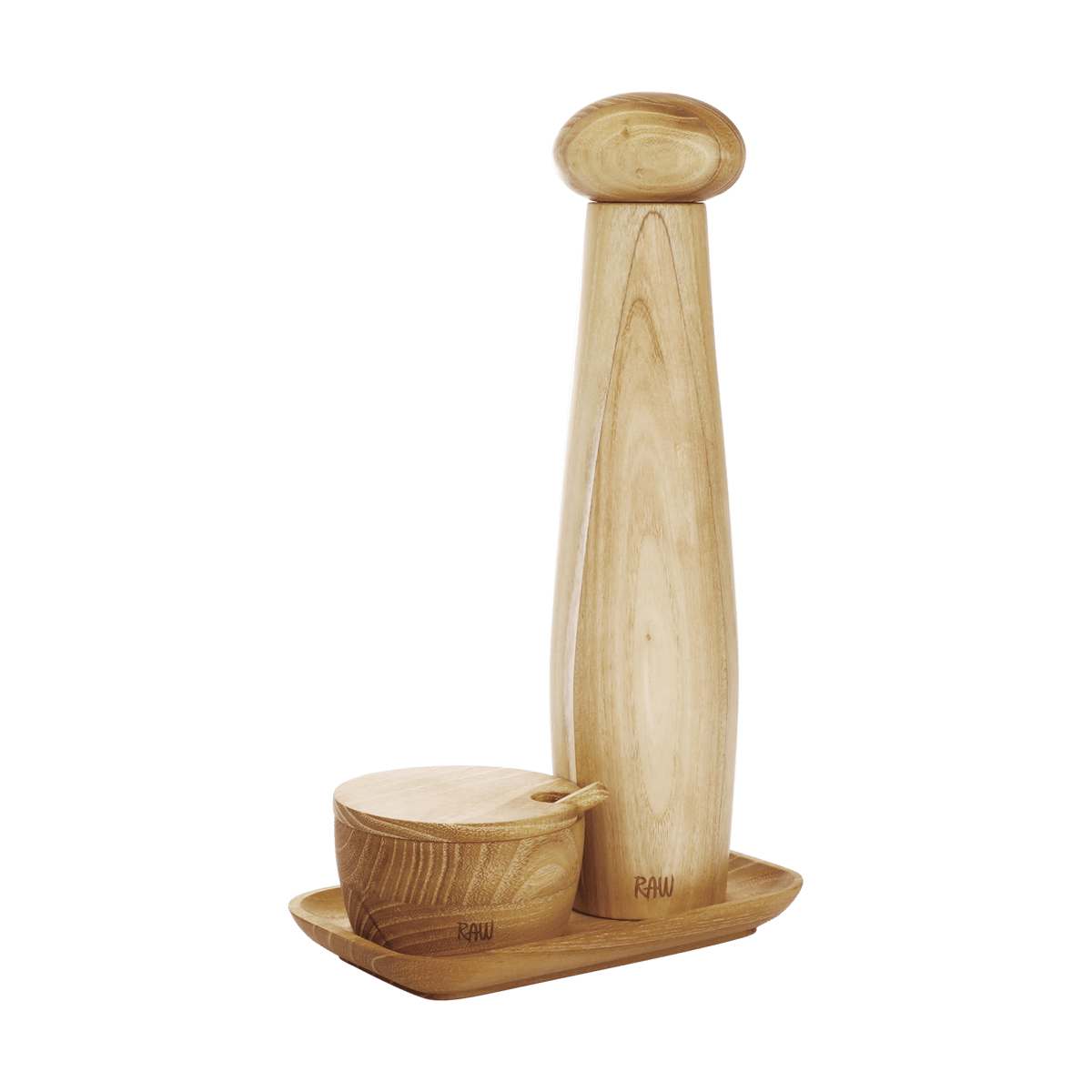 Aida Raw keramisk pepparkvarn saltskål & bricka 3 delar Teak