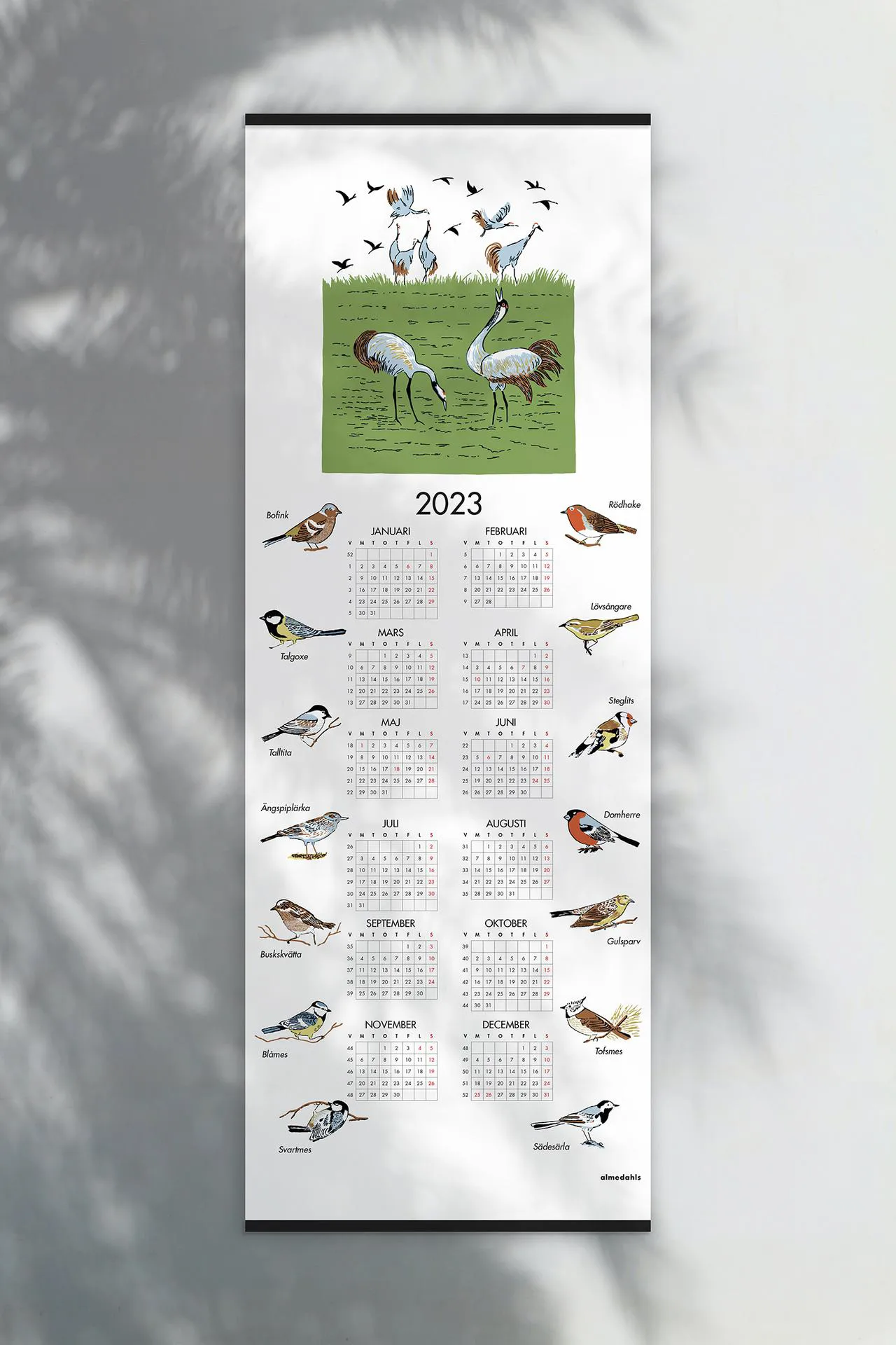 Svenska fåglar kalender 2023, 35x90 cm Almedahls