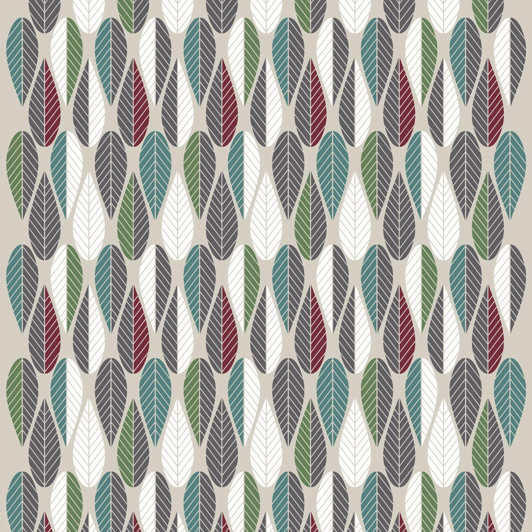 Blader tyg, vinröd-grön-grå Arvidssons Textil