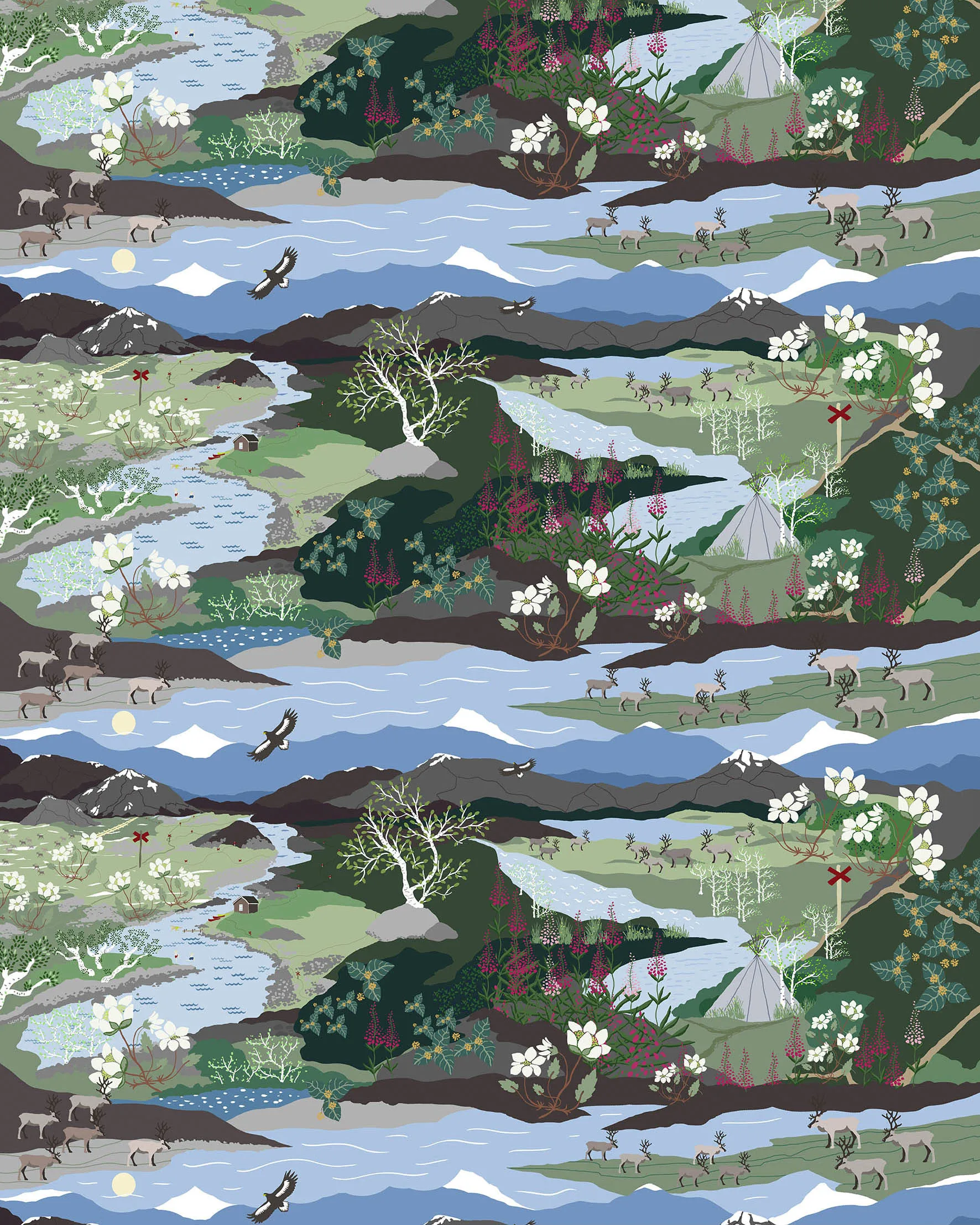 Fjällvandring tyg, Blå-grön Arvidssons Textil