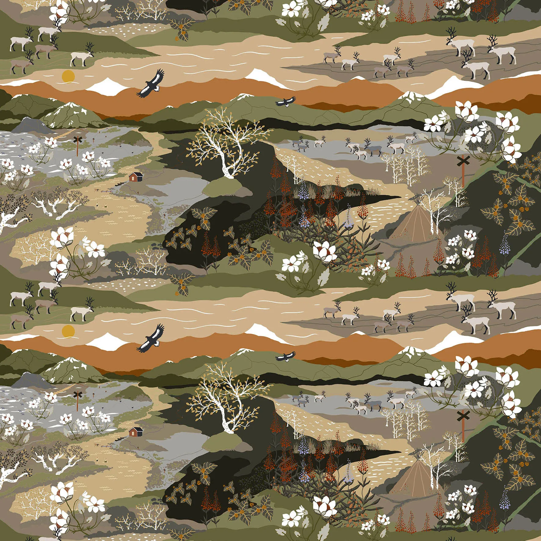 Fjällvandring tyg, Grön-rost Arvidssons Textil