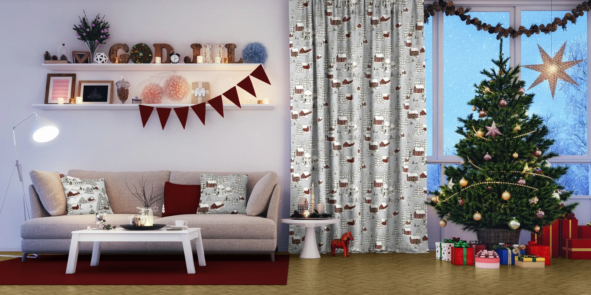 Timmerbyn tyg, Grå-röd Arvidssons Textil