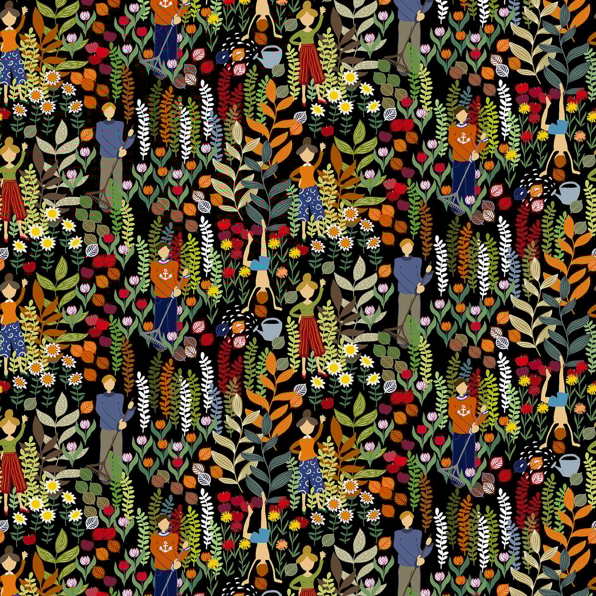 Arvidssons Textil Trädgård tyg Svart-multi | Skandinavisk Design | Tyger & Metervaror | Multi