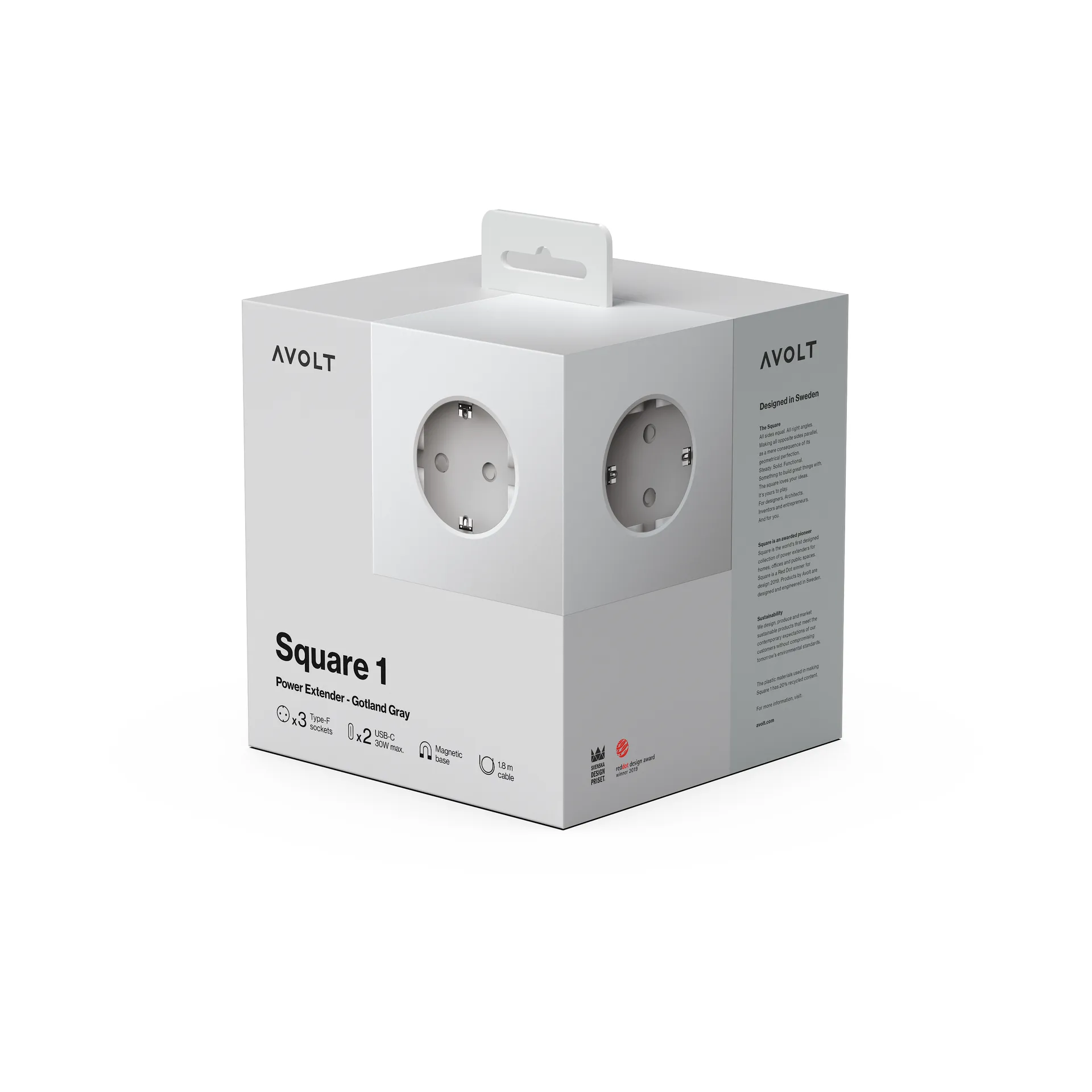 Square 1 grenuttag USB-C 30W 3 m, Gotland Gray Avolt
