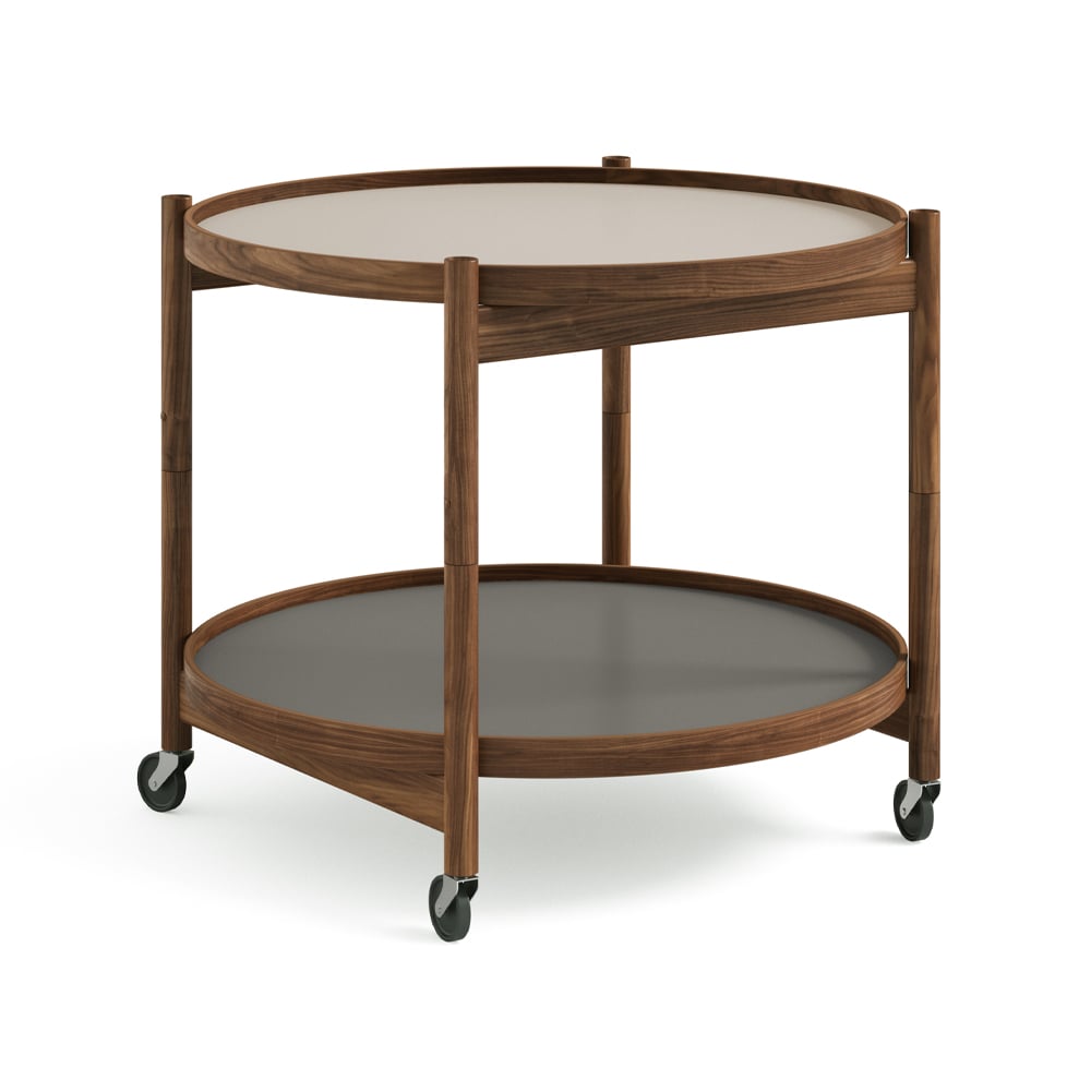 Brdr. Krüger Blling Tray Table model 60 rullbord stone, oljat valnötsstativ