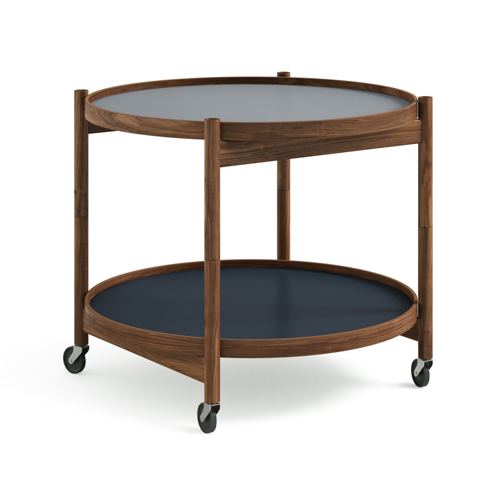 Brdr. Krüger Blling Tray Table model 60 rullbord water, oljat valnötsstativ