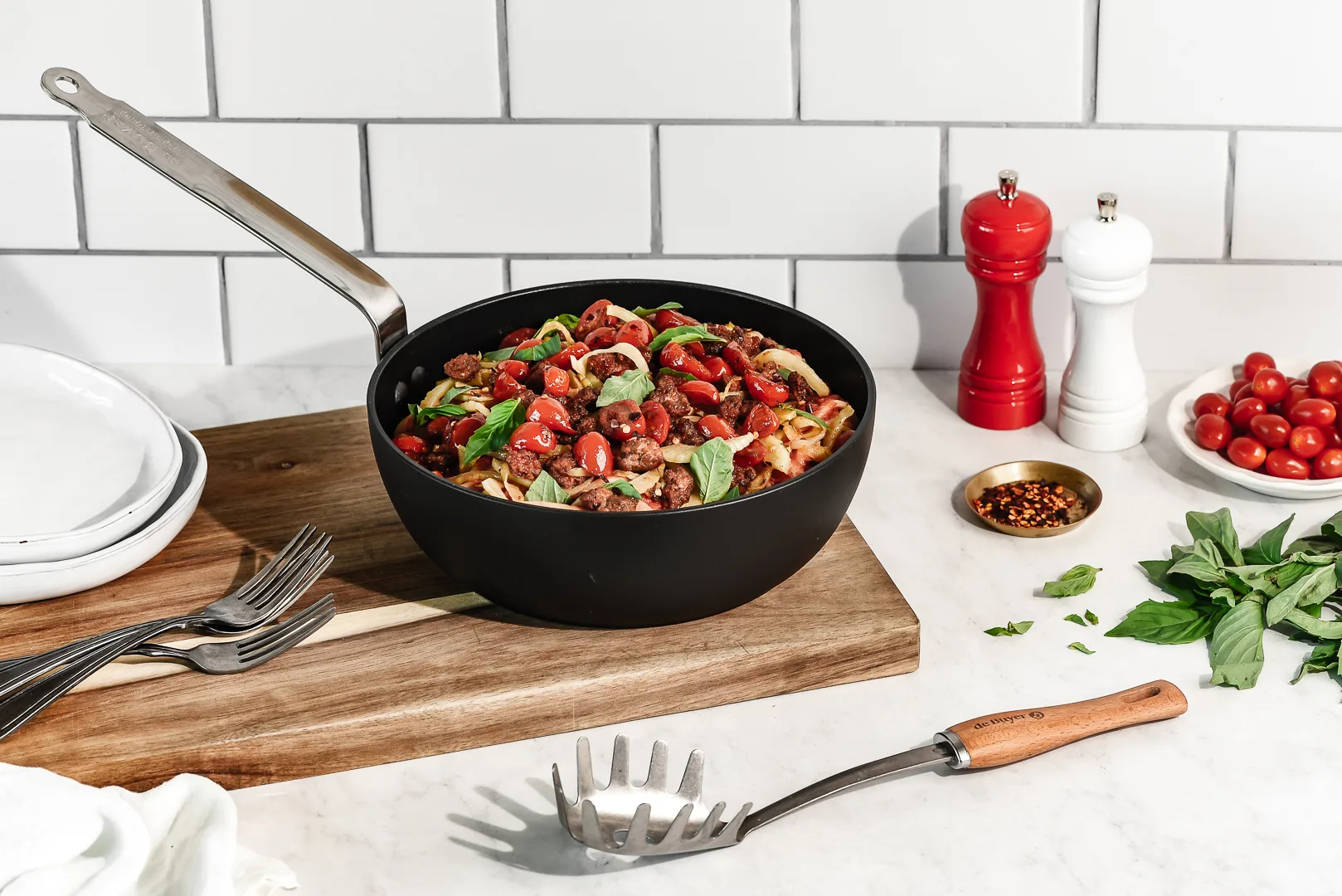 De Buyer B Bois spaghettislev med trähandtag, Rostfritt stål De Buyer