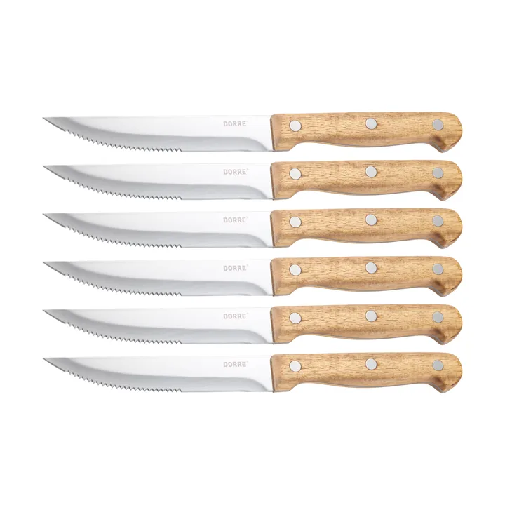 BBQ stekkniv - Rostfritt stål, 6-pack, trälåda akacia, 22,5x2 cm - Dorre