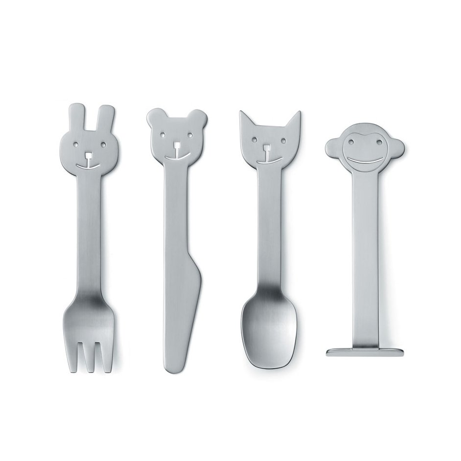 Gense Animal Friends bestick 4 delar barnbestick | Skandinavisk Design | Barnbestick | Silverfärgad