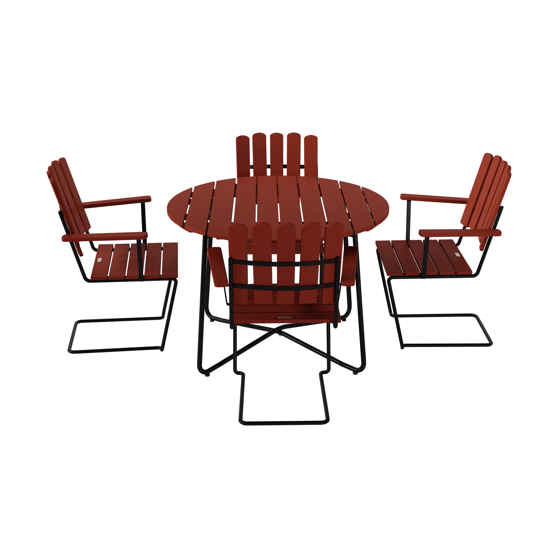 9A matbord Ø100 cm + 4 A2 fåtölj, mörkröd ek-svart stativ Grythyttan Stålmöbler
