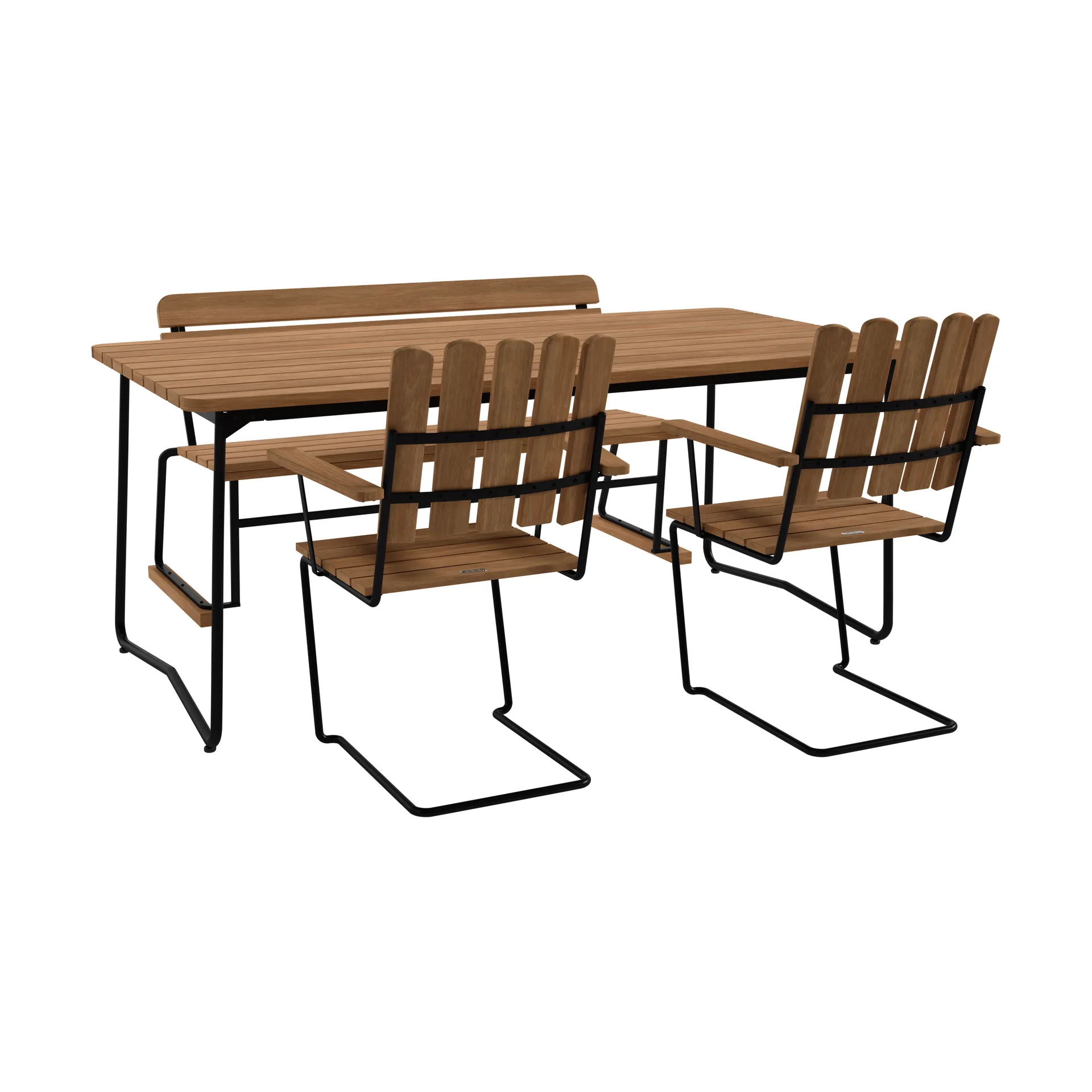 B31 bord 170 cm + 2 A2 fåtölj + soffa 3, teak-svart stativ,  Grythyttan Stålmöbler