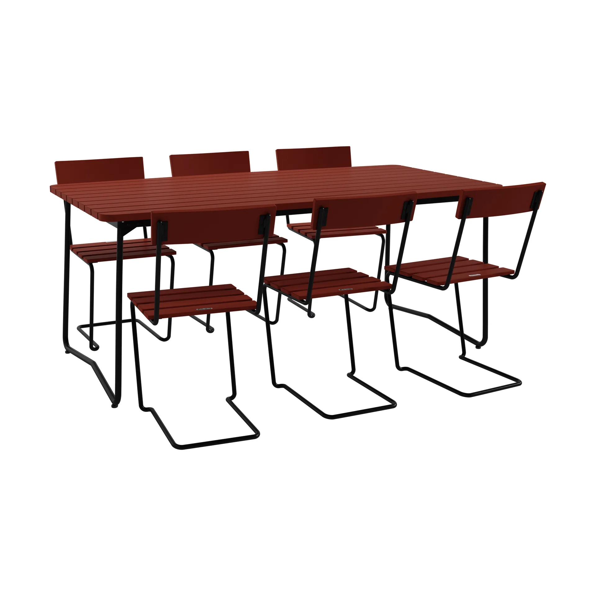 B31 bord 170 cm + 6 Stol 1, mörkröd ek-svart stativ,  Grythyttan Stålmöbler