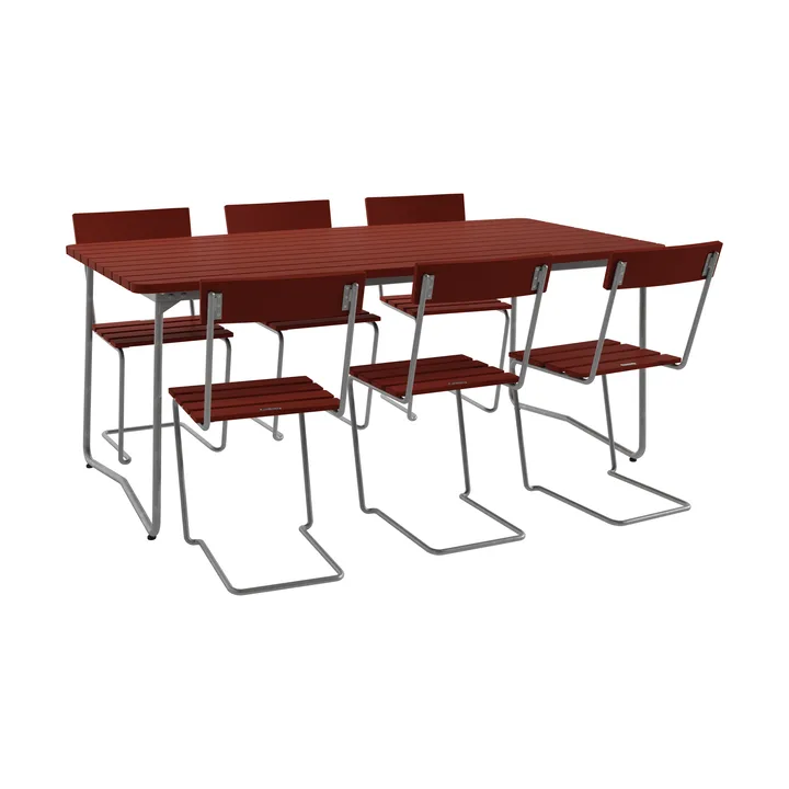 B31 bord 170 cm + 6 Stol 1, mörkröd-varmförzinkat stativ - Grythyttan Stålmöbler
