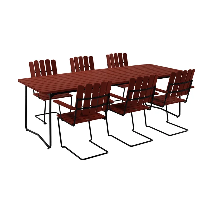 B31 bord 230 cm + 6 A2 fåtölj, mörkröd ek-svart stativ - Grythyttan Stålmöbler