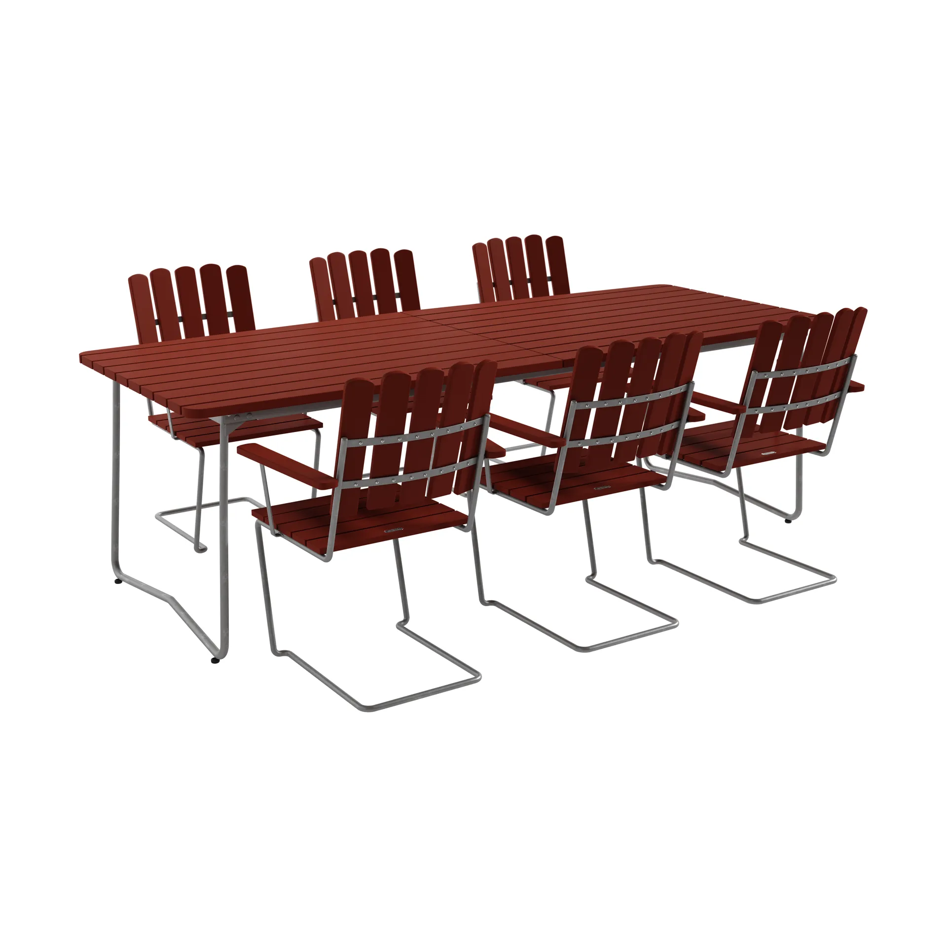 B31 bord 230 cm + 6 A2 fåtölj, mörkröd-varmförzinkat stativ,  Grythyttan Stålmöbler