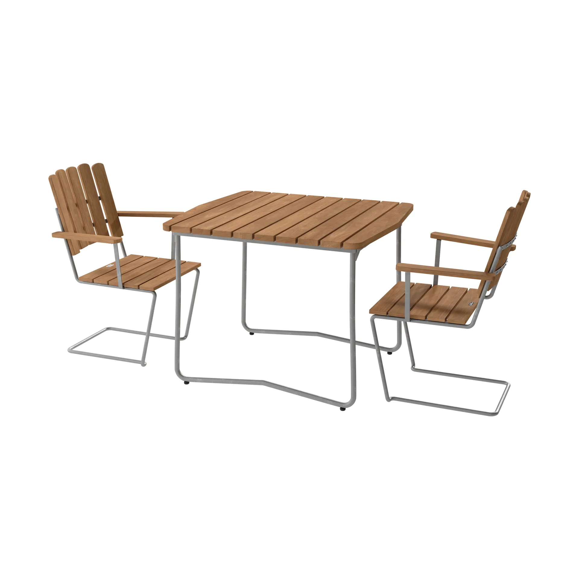 B31 bord 92 cm + 2 A2 fåtölj, teak-varmförzinkat stativ,  Grythyttan Stålmöbler