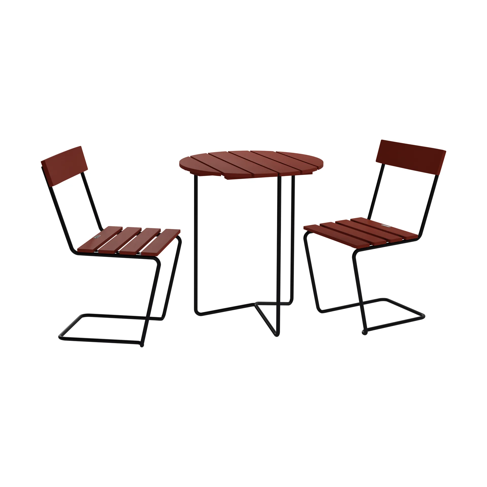 Table 6B bord + 2 Stol 1, mörkröd ek-svart stativ,  Grythyttan Stålmöbler