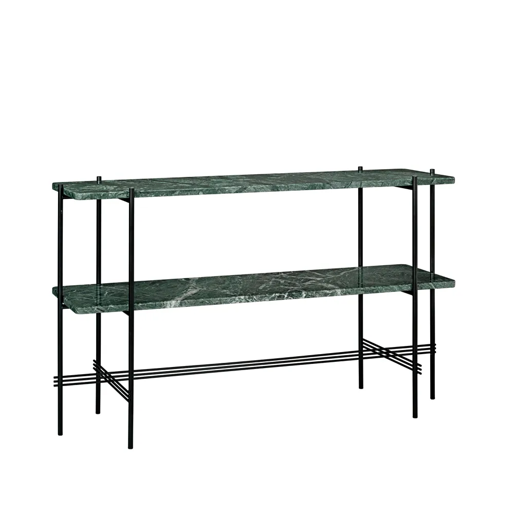 TS Console avlastningsbord 120x30x72 cm, green guatemala marble, svart stativ, 2 marmorhyllor GUBI