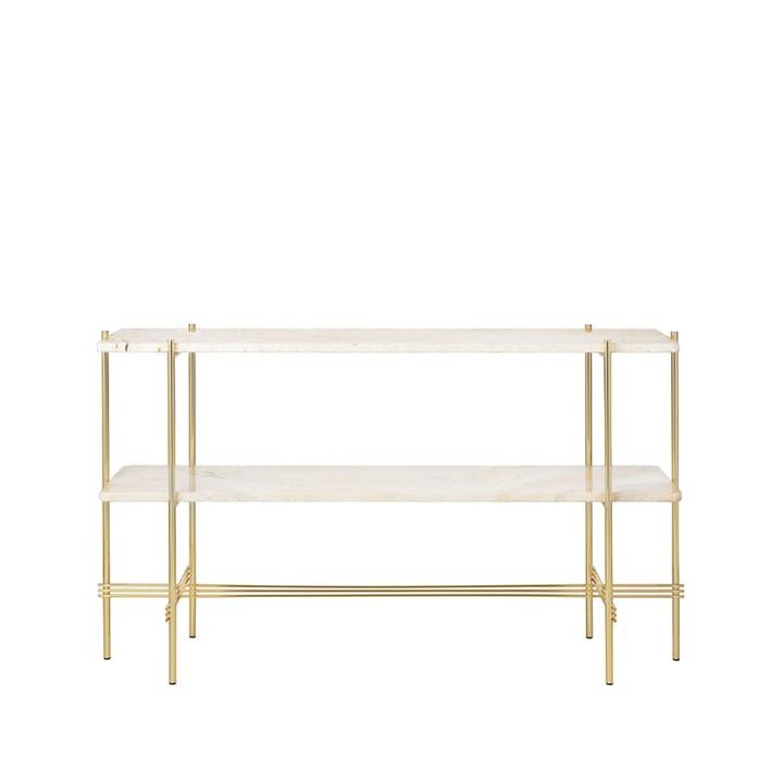 TS Console avlastningsbord 120x30x72 cm - natural white travertine, mässingstativ, 2 marmorhyllor - GUBI