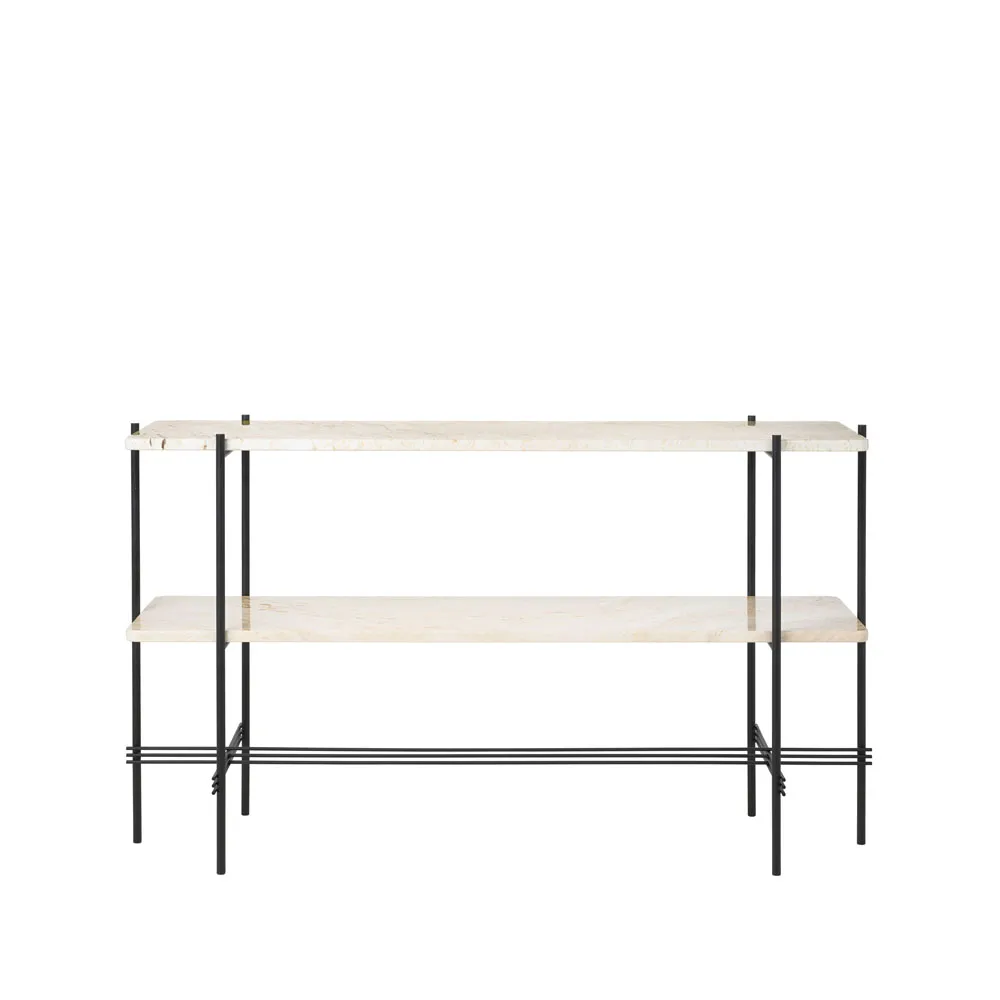 TS Console avlastningsbord 120x30x72 cm, natural white travertine, svart stativ, 2 marmorhyllor GUBI