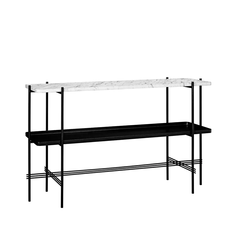 TS Console avlastningsbord 120x30x72 cm, white carrara marble, svart stativ, med bricka GUBI