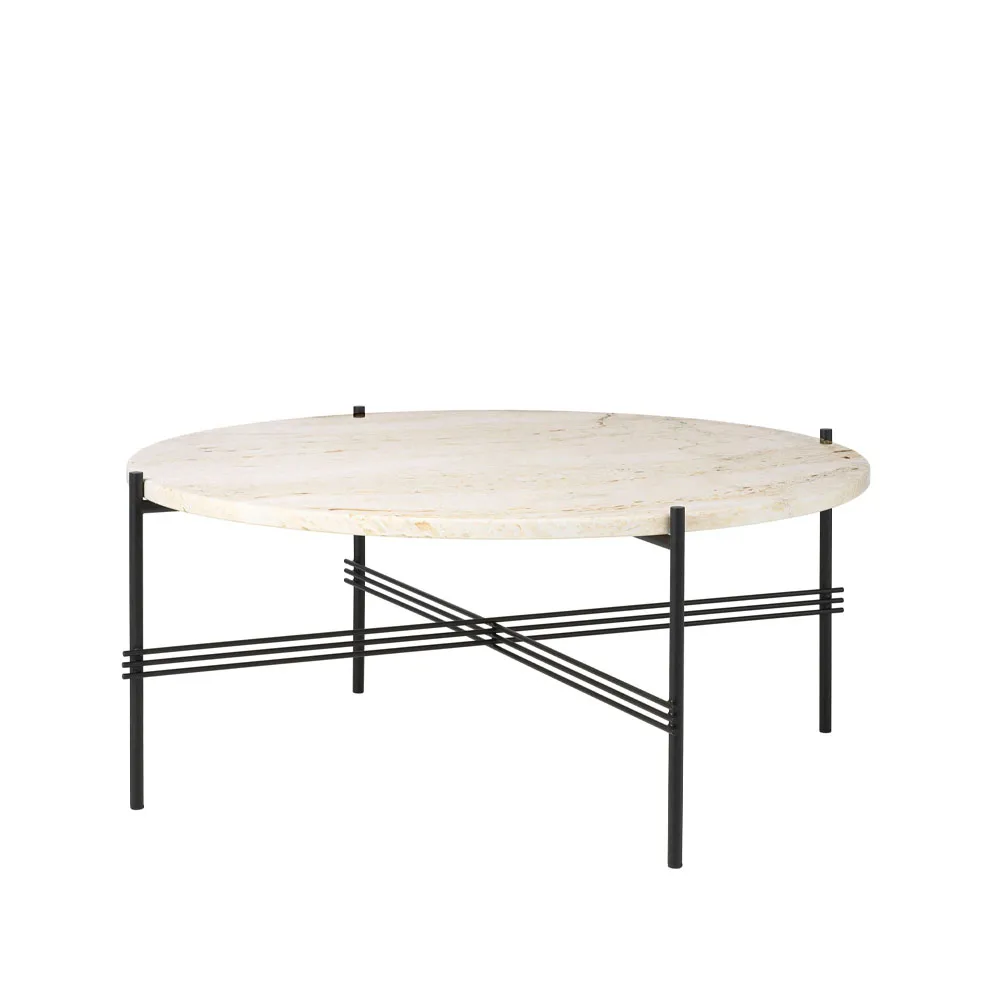 GUBI TS Round soffbord natural white travertine, ø80, svart stativ