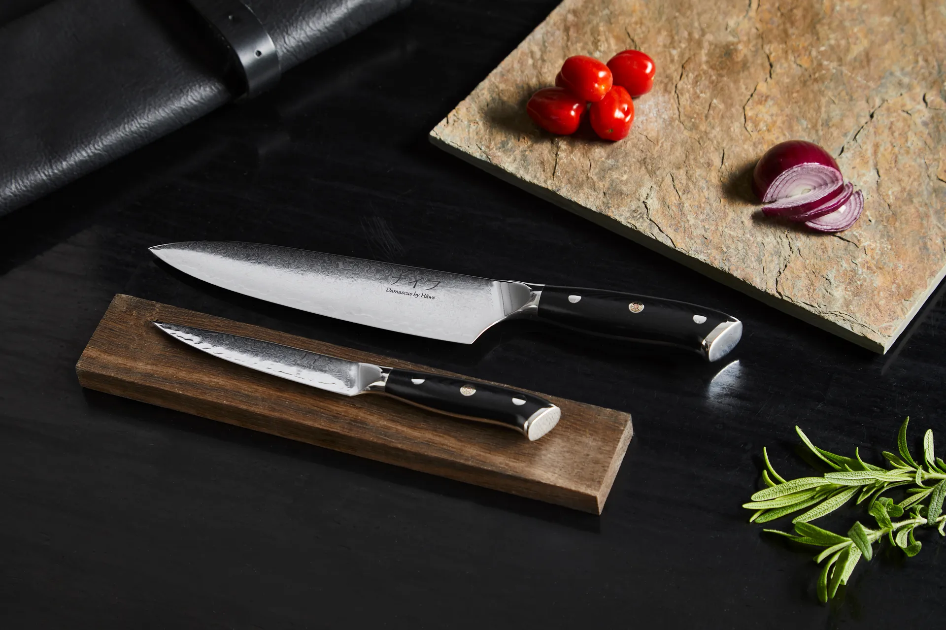 Damascus by Hâws kock- & universalknivsset 2 delar, Svart-rostfritt stål Hâws