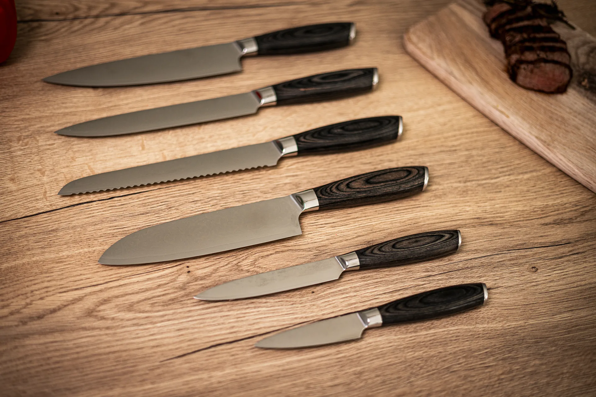 Damascus knivset 6-delar, Brun-rostfritt stål Hâws