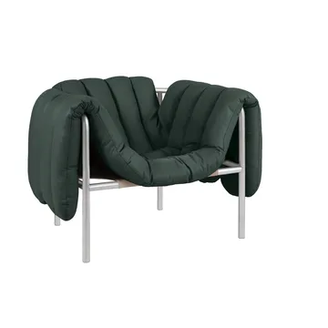 Puffy loungefåtölj - Dark green leather-rostfritt stål - Hem