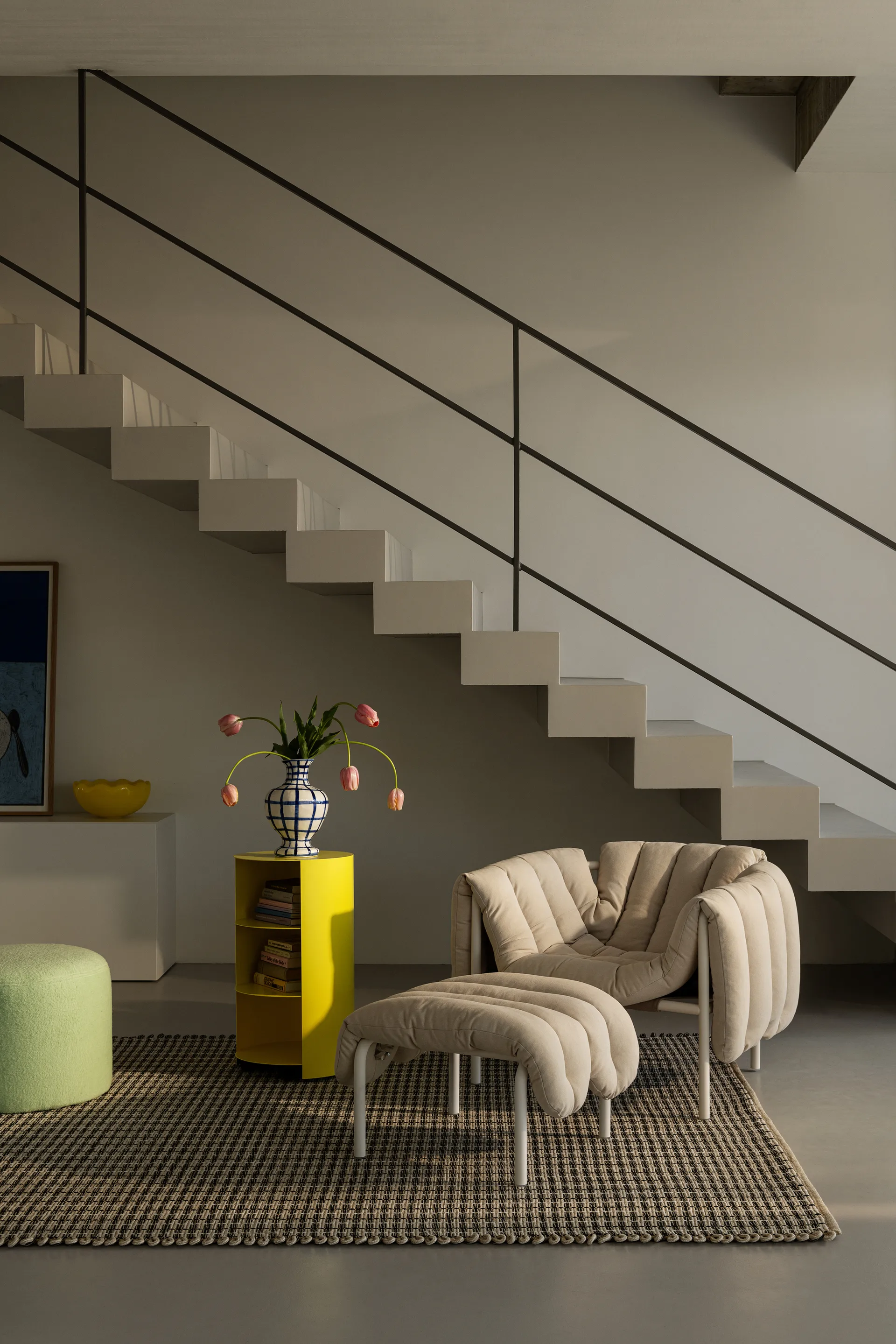 Puffy loungefåtölj + ottoman, Sawdust-rostfritt stål Hem