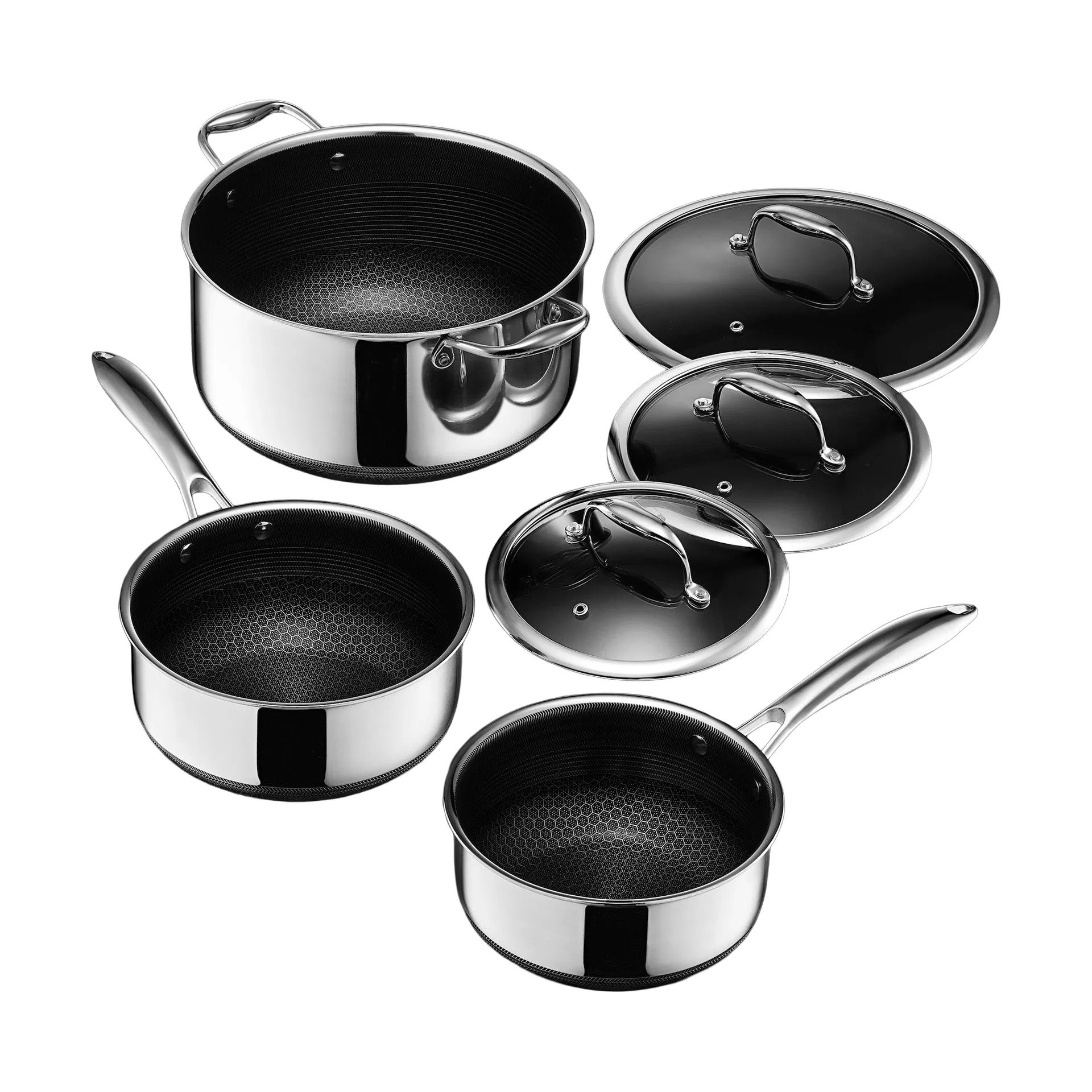 Hexclad grytset inkl lock 3 delar Rosfritt stål | Skandinavisk Design | Grytset & Kastrullset | Svart