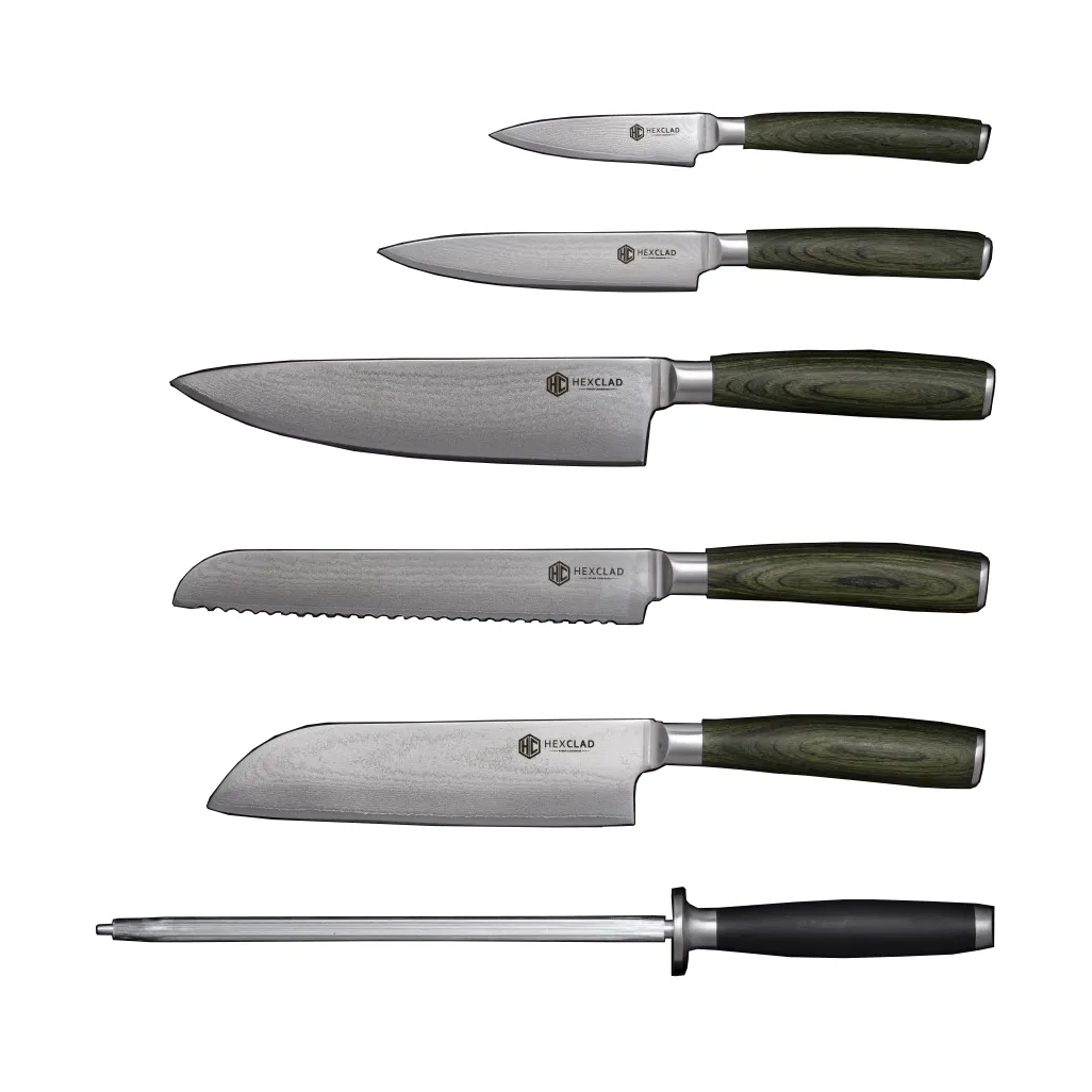 Hexclad knivset 6-delar Damaskus stål | Skandinavisk Design | Knivset | Grön