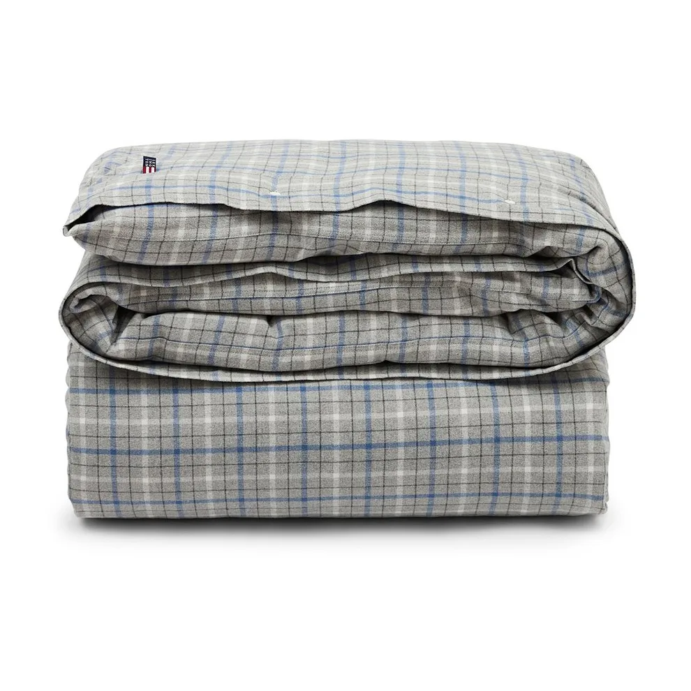 Checked bomull och flanell påslakan 220x220 cm, Gray Melange/Blue/White Lexington