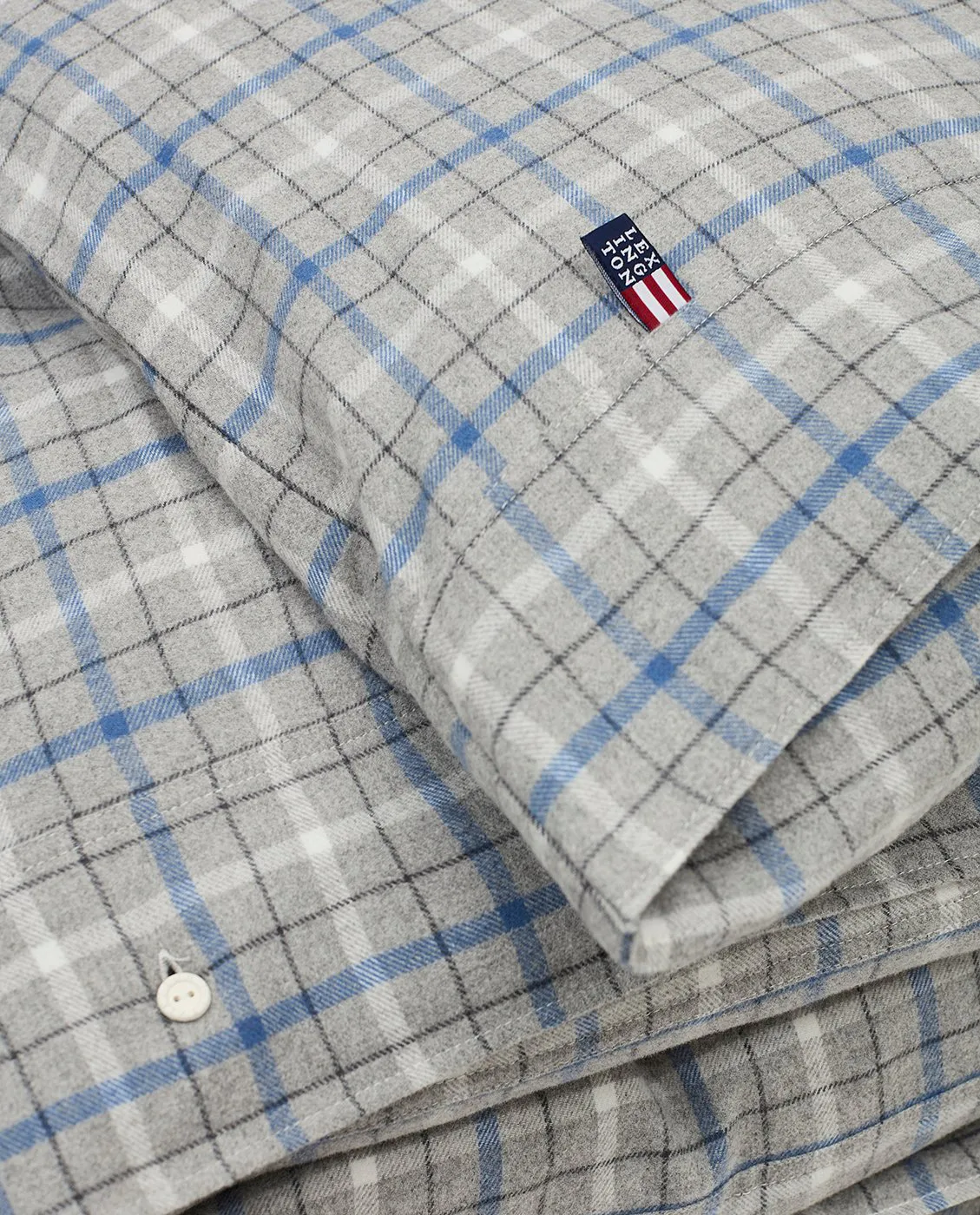 Checked bomull och flanell påslakan 220x220 cm, Gray Melange/Blue/White Lexington