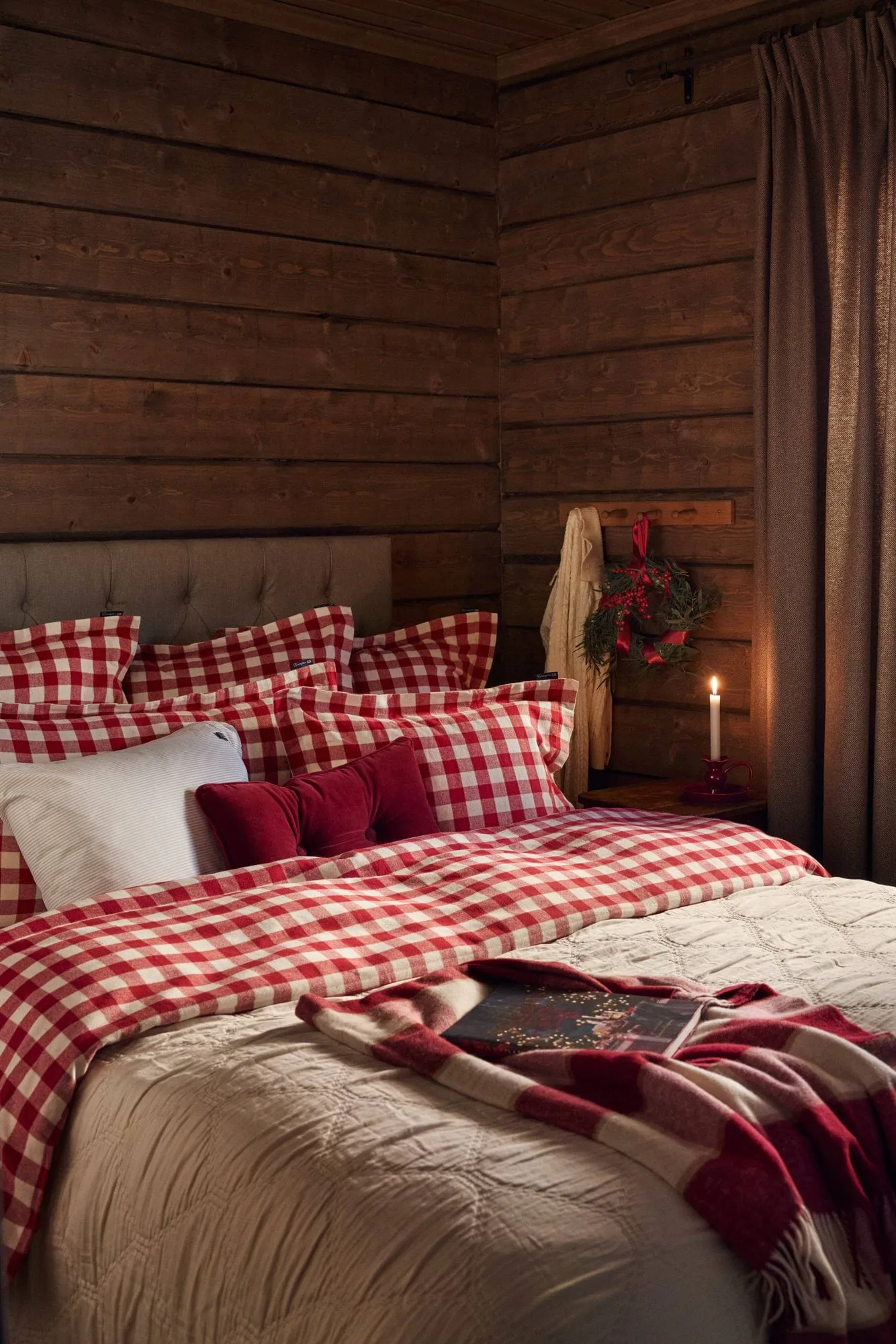 Checked cotton flannel bäddset, Red-light beige, 2 st 50x60 cm/220x220 cm Lexington