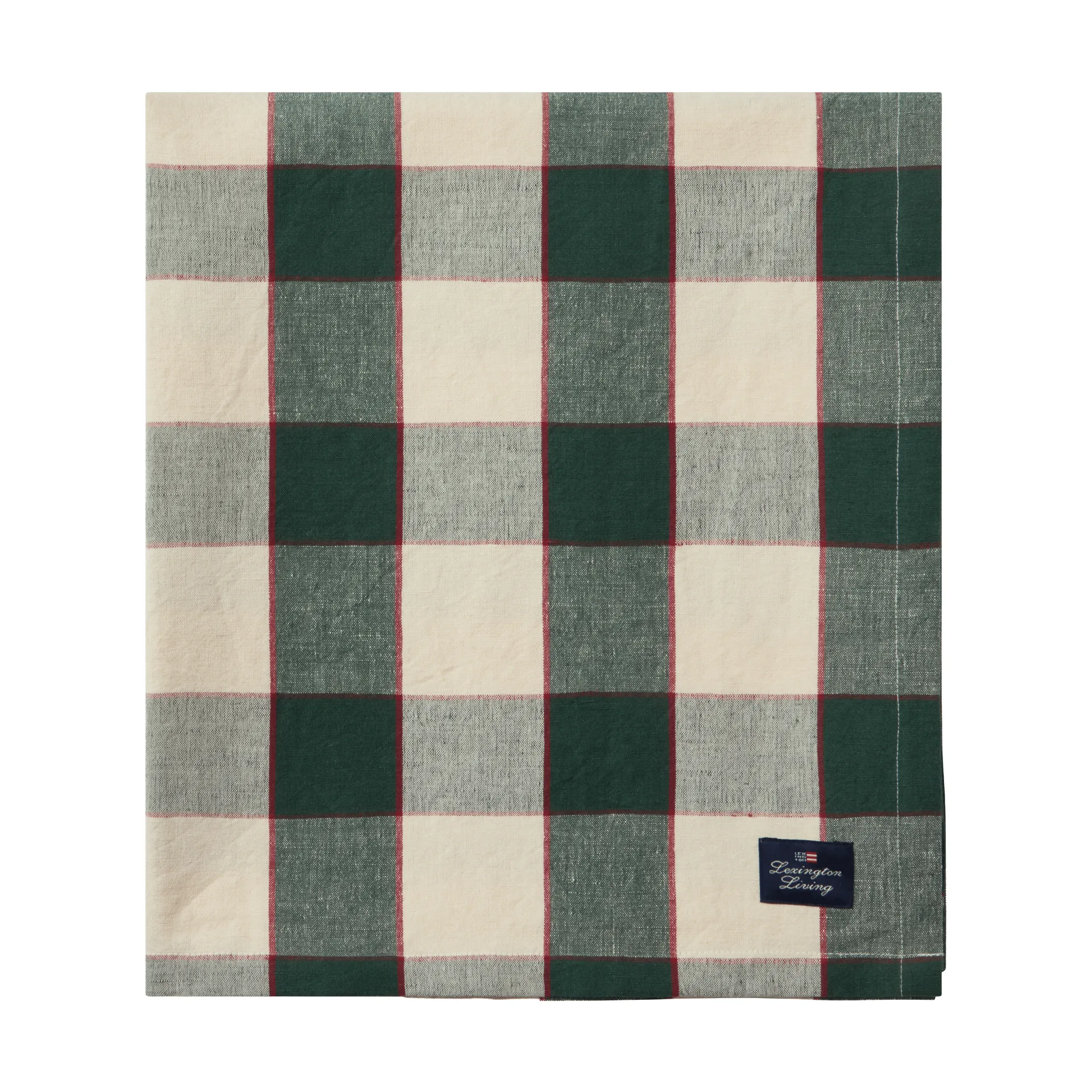 Checked Cotton Linen bordsduk 150x350 cm, Green-light beige-red Lexington