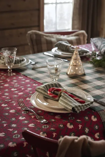 Checked ekologisk bomull löpare - Green-Light beige-red, 50x150 cm - Lexington