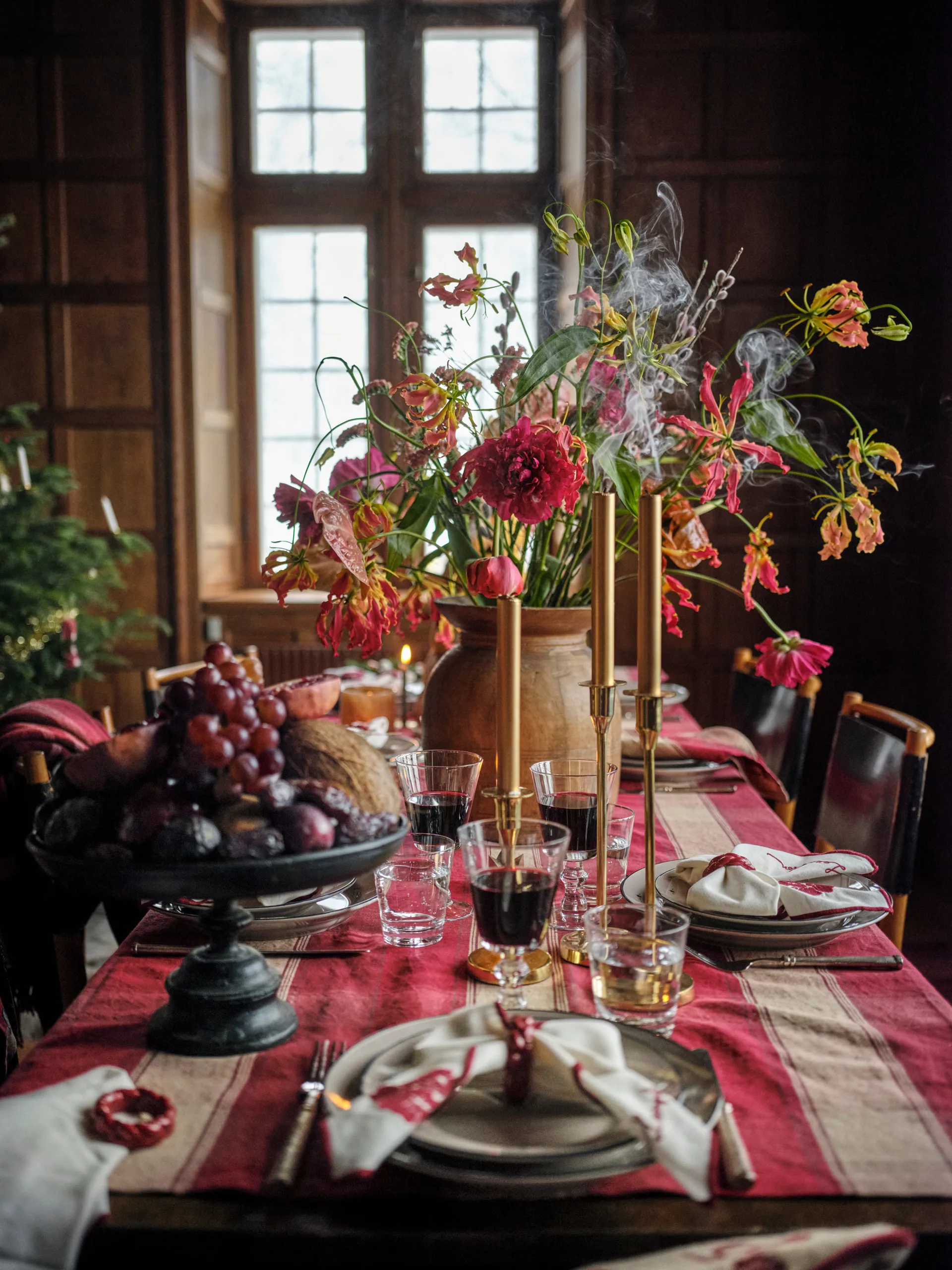 Checked linen-cotton bordsduk 150x350 cm, Röd-beige Lexington