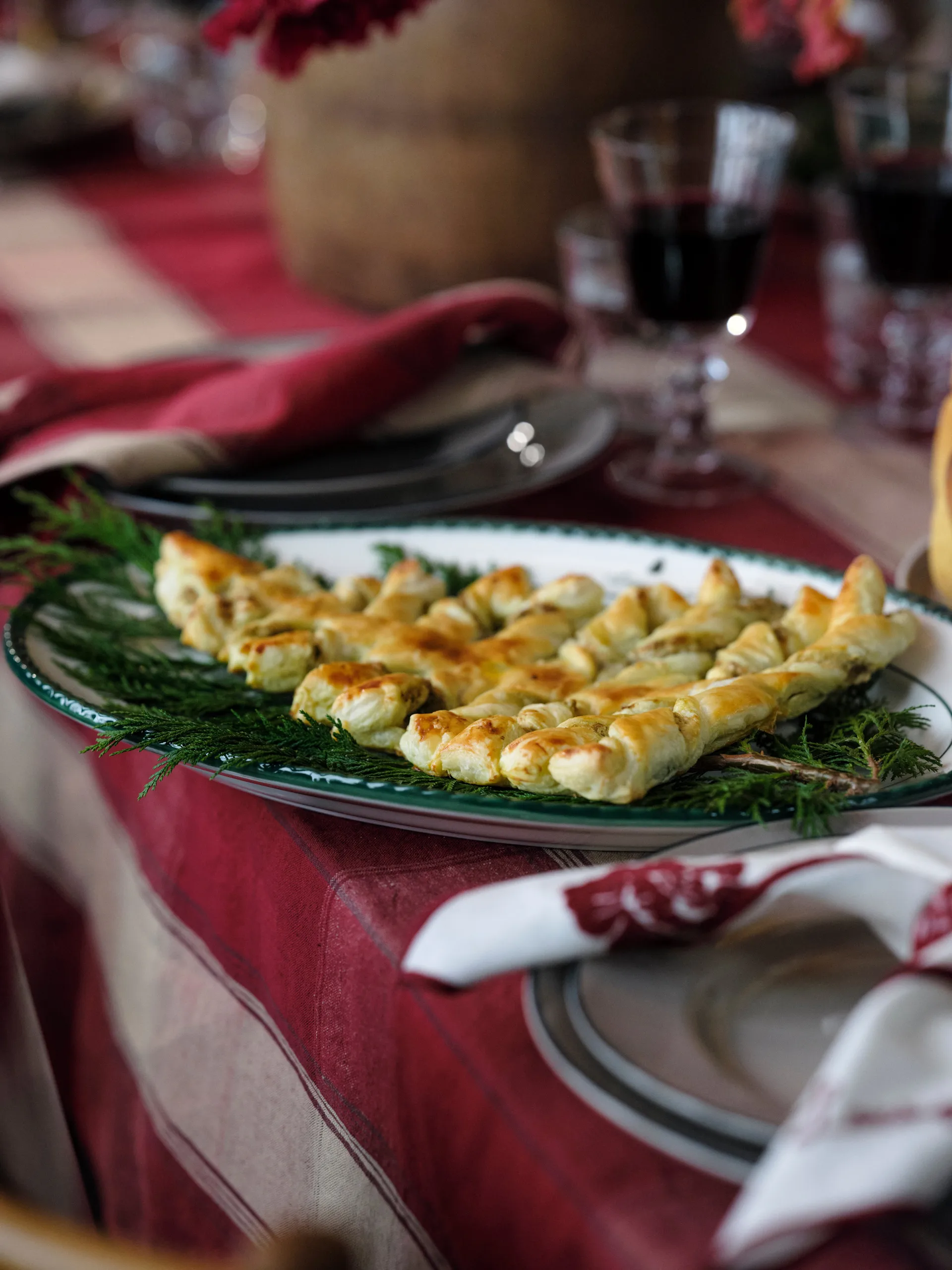 Checked linen-cotton bordsduk 150x350 cm, Röd-beige Lexington