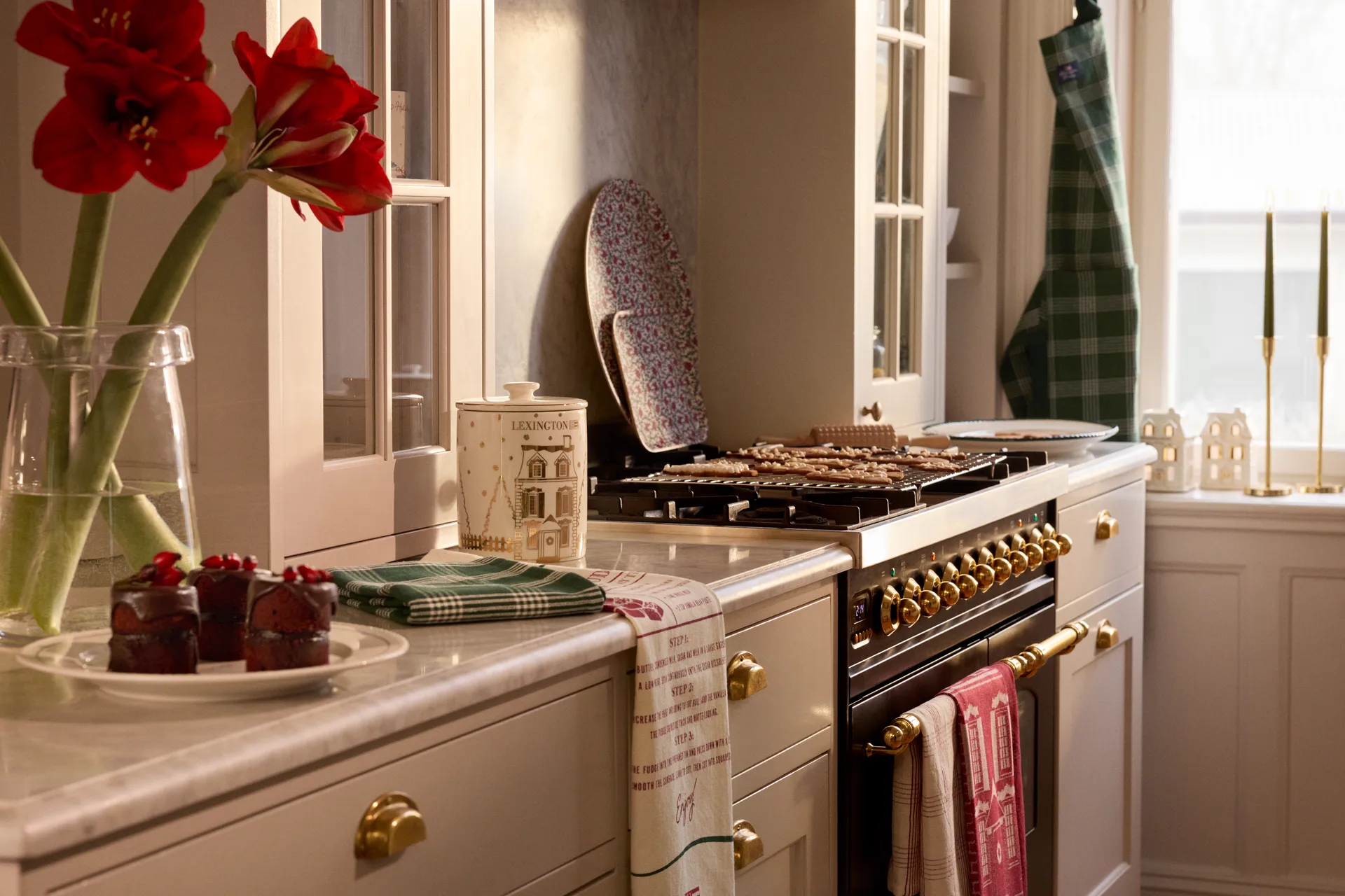 Checked linne/bomull kökshandduk 50x70 cm, White-red Lexington