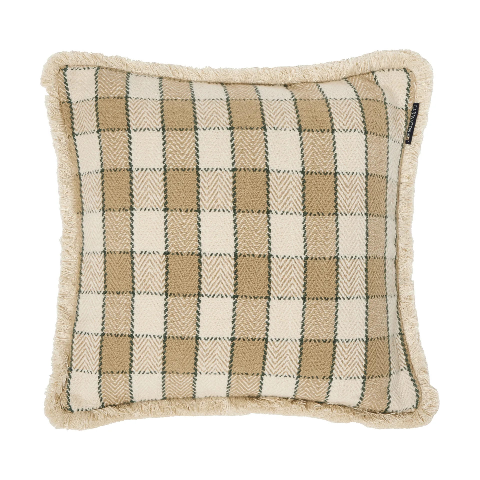 Checked organic cotton fringe kuddfodral, Beige-light beige-green Lexington
