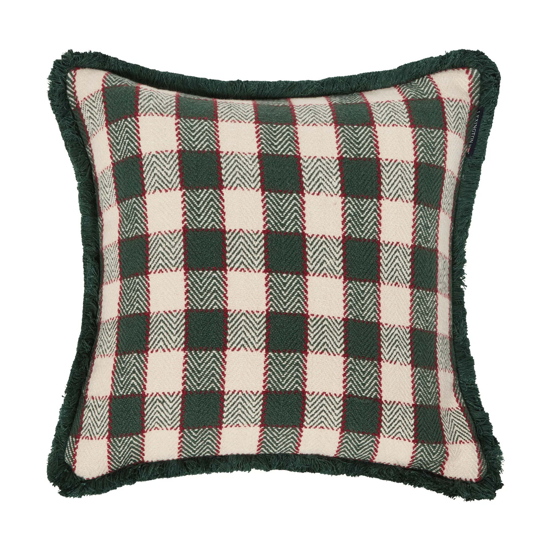Checked organic cotton fringe kuddfodral, Green-light beige-red Lexington