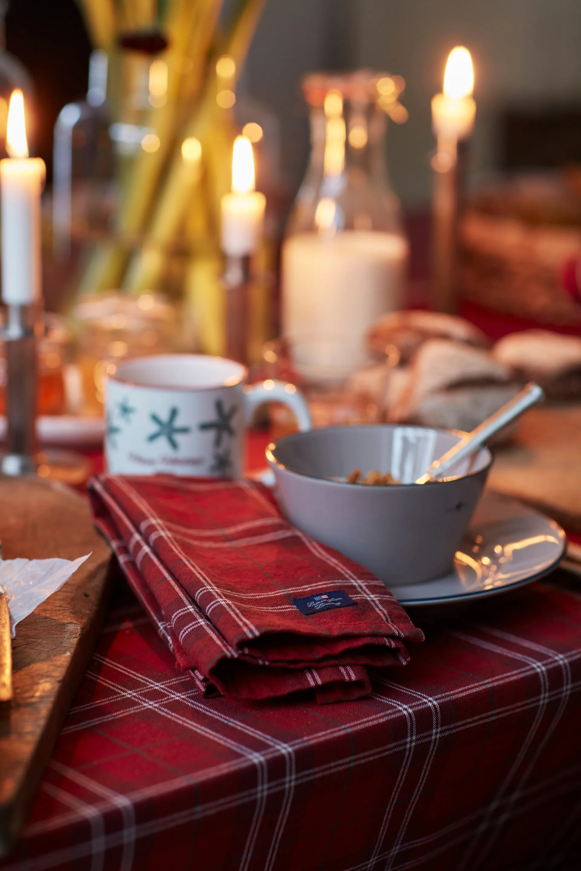 Checked Organic Cotton Oxford bordsduk 180x180 cm, Red-beige-green Lexington