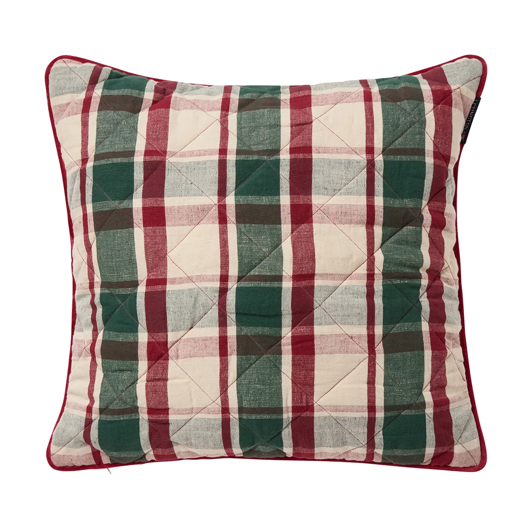 Checked quiltad linne/bomull kuddfodral 50x50 cm, Green-red-beige Lexington