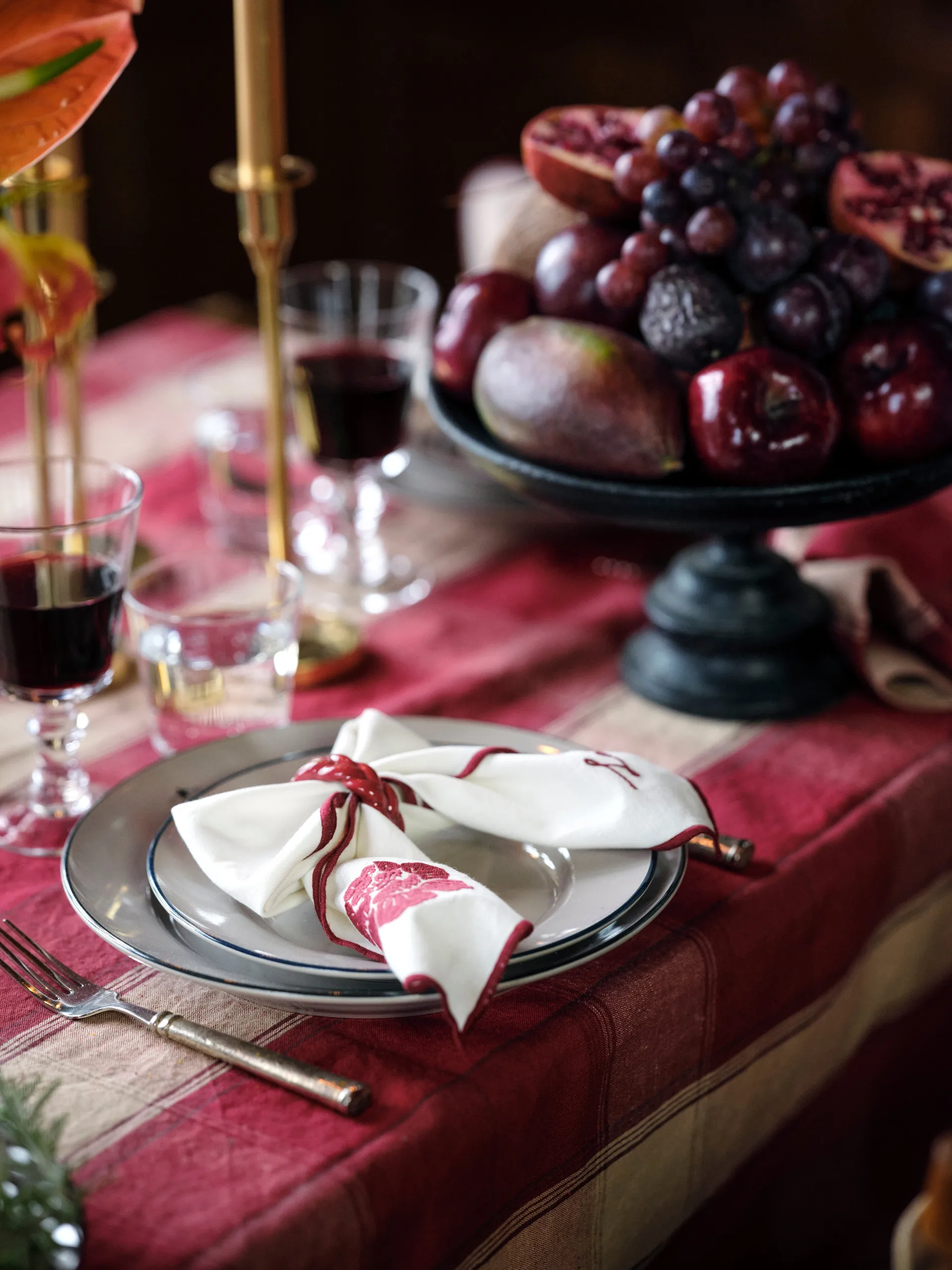 Flower linen-cotton servett 50x50 cm, Vit-röd Lexington