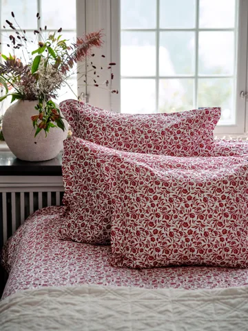 Flower printed cotton sateen bäddset - Vit-röd - Lexington