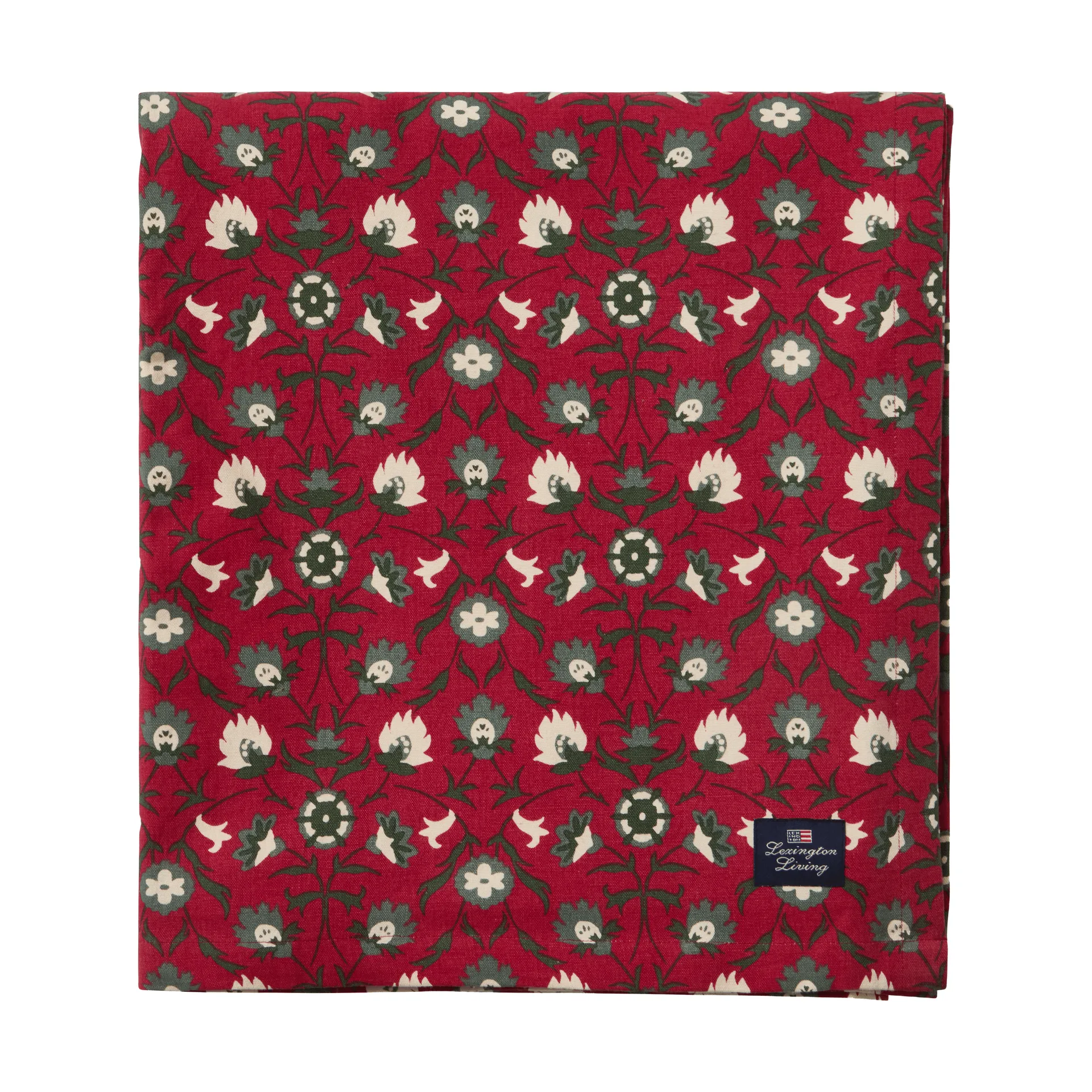 Flower printed ekologisk bomull bordsduk, Red-beige-green, 150x250 cm Lexington