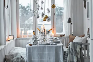 Pepita Check Cotton Linen bordsduk 150x350 cm - White-light gray - Lexington