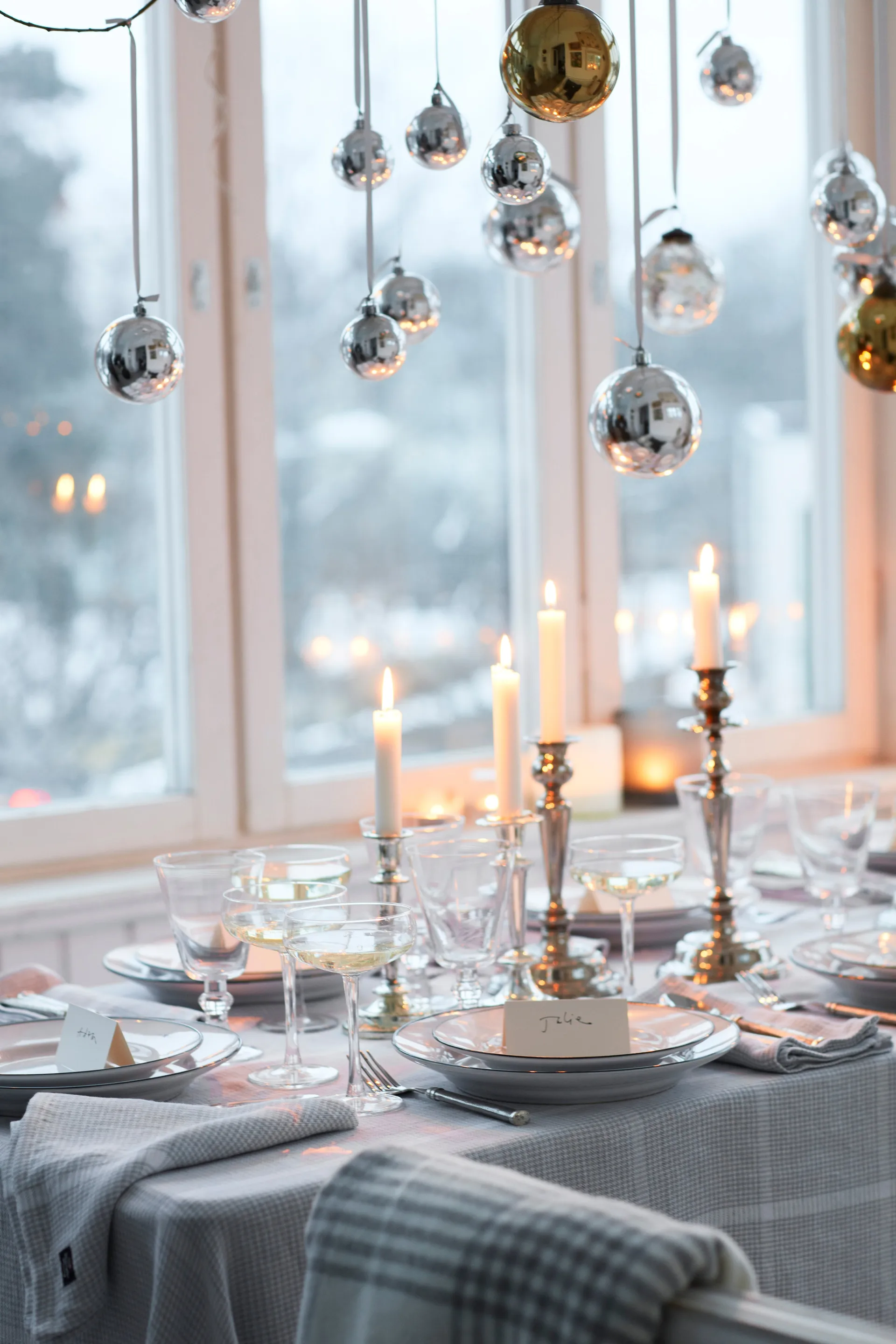 Pepita Check Cotton Linen bordsduk 150x350 cm, White-light gray Lexington